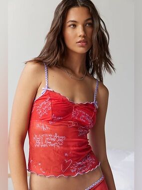 NWT UO Out From Under Just Like Candy Mesh Graffiti Gingham Cami Size S